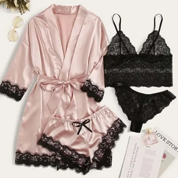 Pyjama Sexy en Dentelle pour Femme, Lingerie Peignoir en Satin, Vêtements de Nuit pour la Maison, 4 Pièces – Image 3