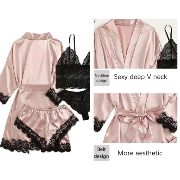 Pyjama Sexy en Dentelle pour Femme, Lingerie Peignoir en Satin, Vêtements de Nuit pour la Maison, 4 Pièces – Image 2