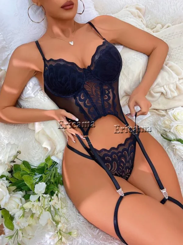 Ensemble de lingerie en dentelle florale avec tour de cou pour femme, soutien-gorge à armatures et tongs pour femme, intimes, sous-vêtements, jarretière, 2024 – Image 2