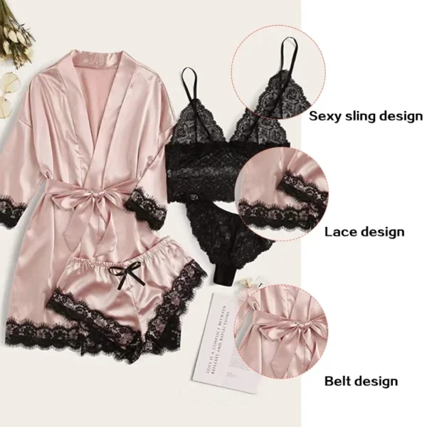 Pyjama Sexy en Dentelle pour Femme, Lingerie Peignoir en Satin, Vêtements de Nuit pour la Maison, 4 Pièces – Image 4