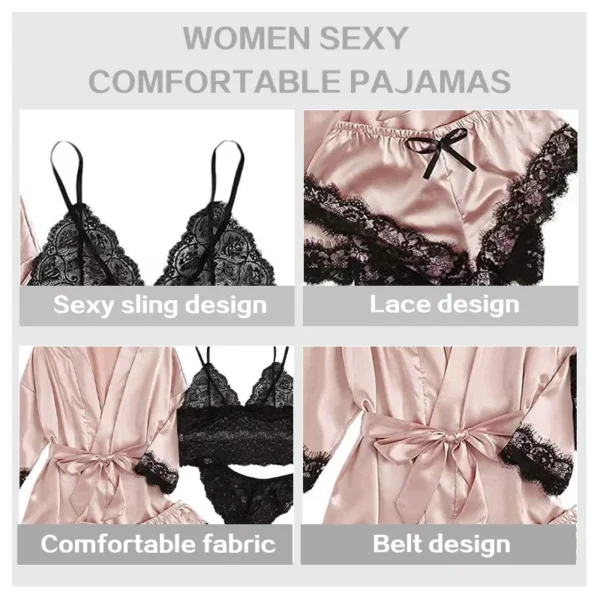 Pyjama Sexy en Dentelle pour Femme, Lingerie Peignoir en Satin, Vêtements de Nuit pour la Maison, 4 Pièces – Image 6