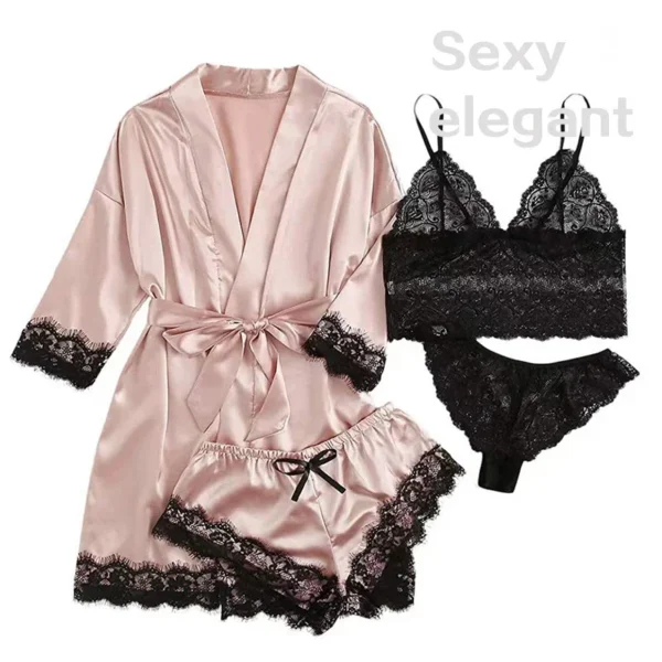 Pyjama Sexy en Dentelle pour Femme, Lingerie Peignoir en Satin, Vêtements de Nuit pour la Maison, 4 Pièces